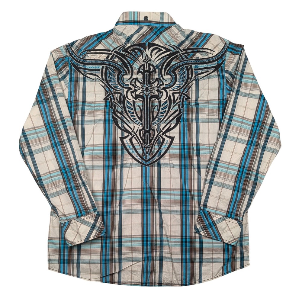 Roar Signature Button Shirt Mens XXL Blue Plaid Embroidered Back Sedona Western